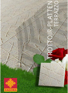 Die Trottoirplatten sind aus Beton. Die Oberfläche ist Terrazzofliesen, leicht anpoliert. Das Motiv ist gerillt. Über die Rillen kann Regenwasser gut ablaufen.