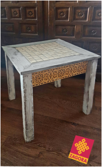 Kacheltisch im Shabby Look mit Lasercut-Brodüre • Kundenfoto 