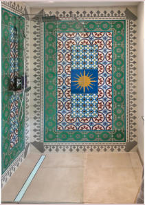 Zementfliesen Fliesenspiegel in der Dusche • Kundenfoto 